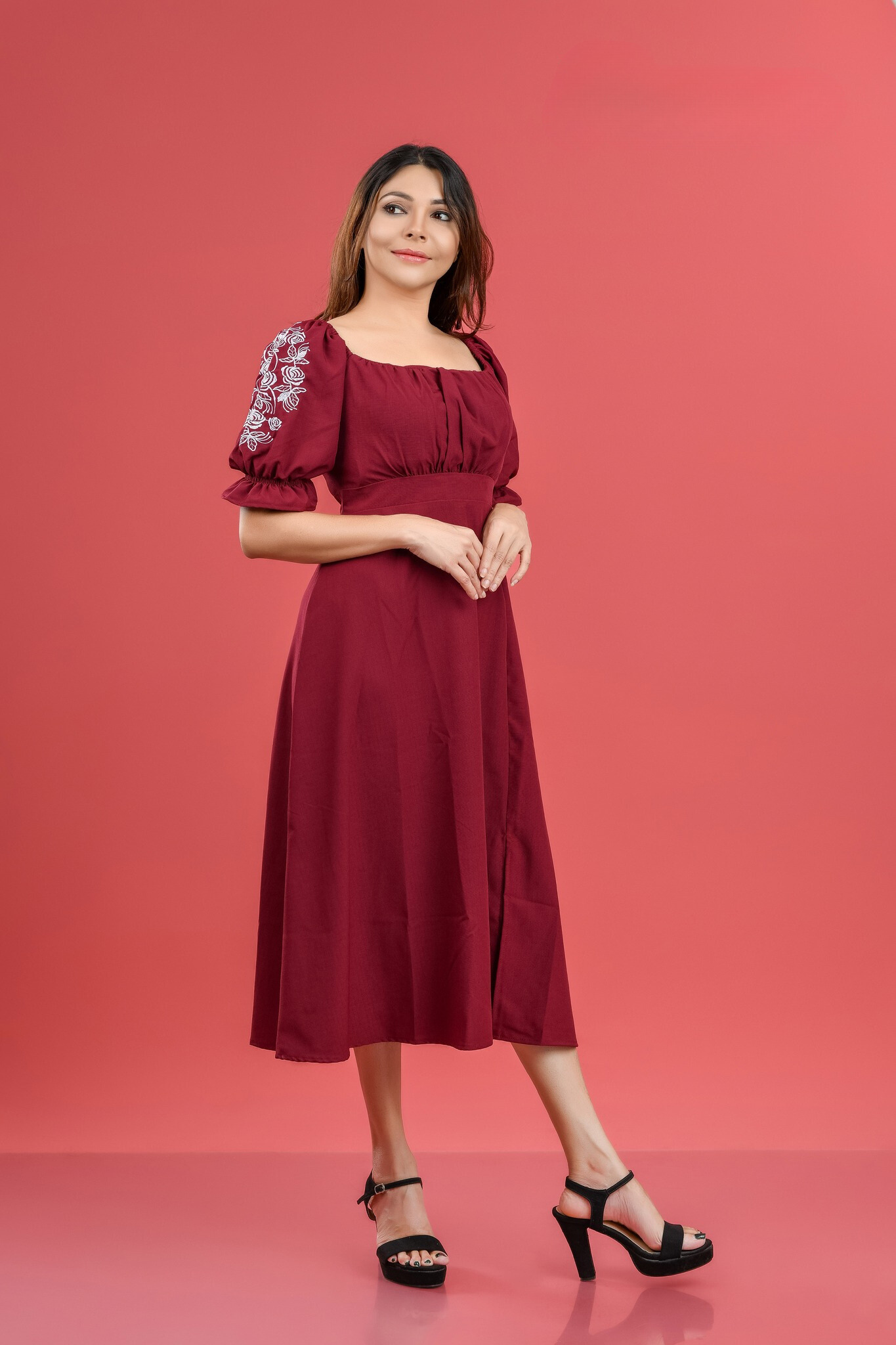 Embroidery Puff Sleeve 3/4 Frock