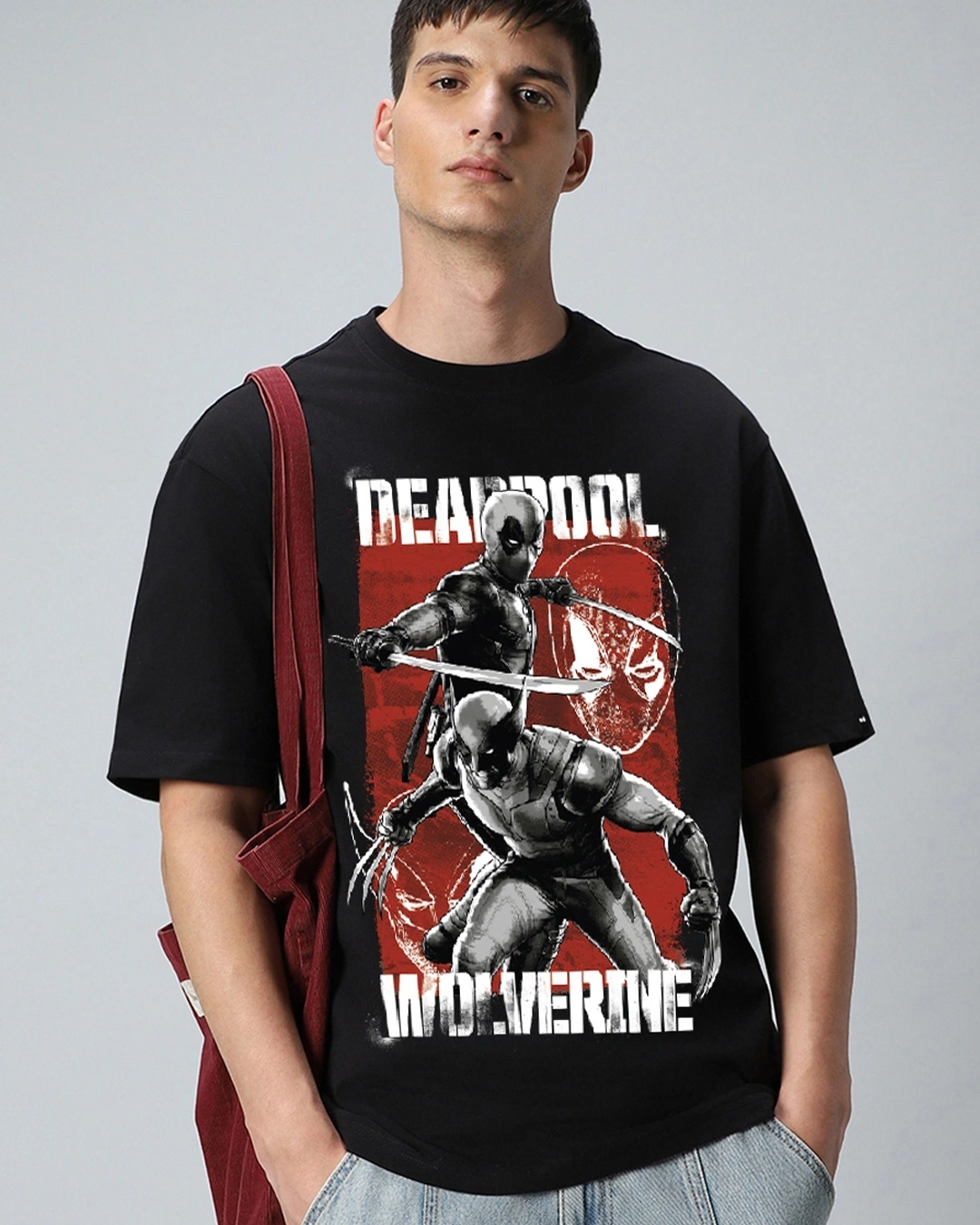 Men's Black Deadpool Duo Graphic Printed Oversized T-shirt