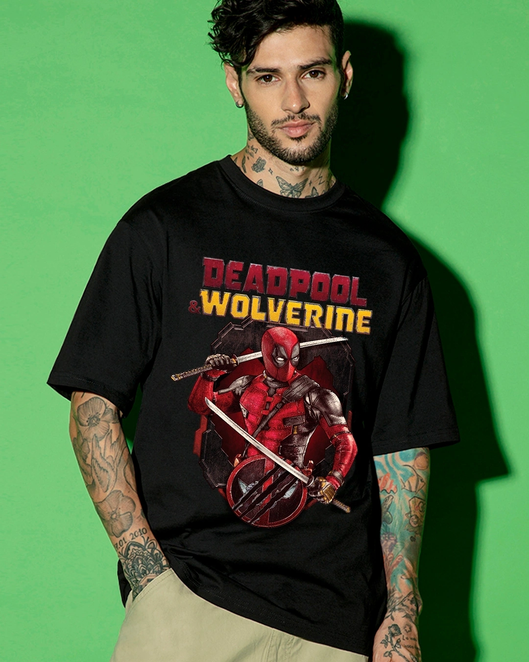 Men's Black Deadpool Graphic Printed Oversized T-shirt