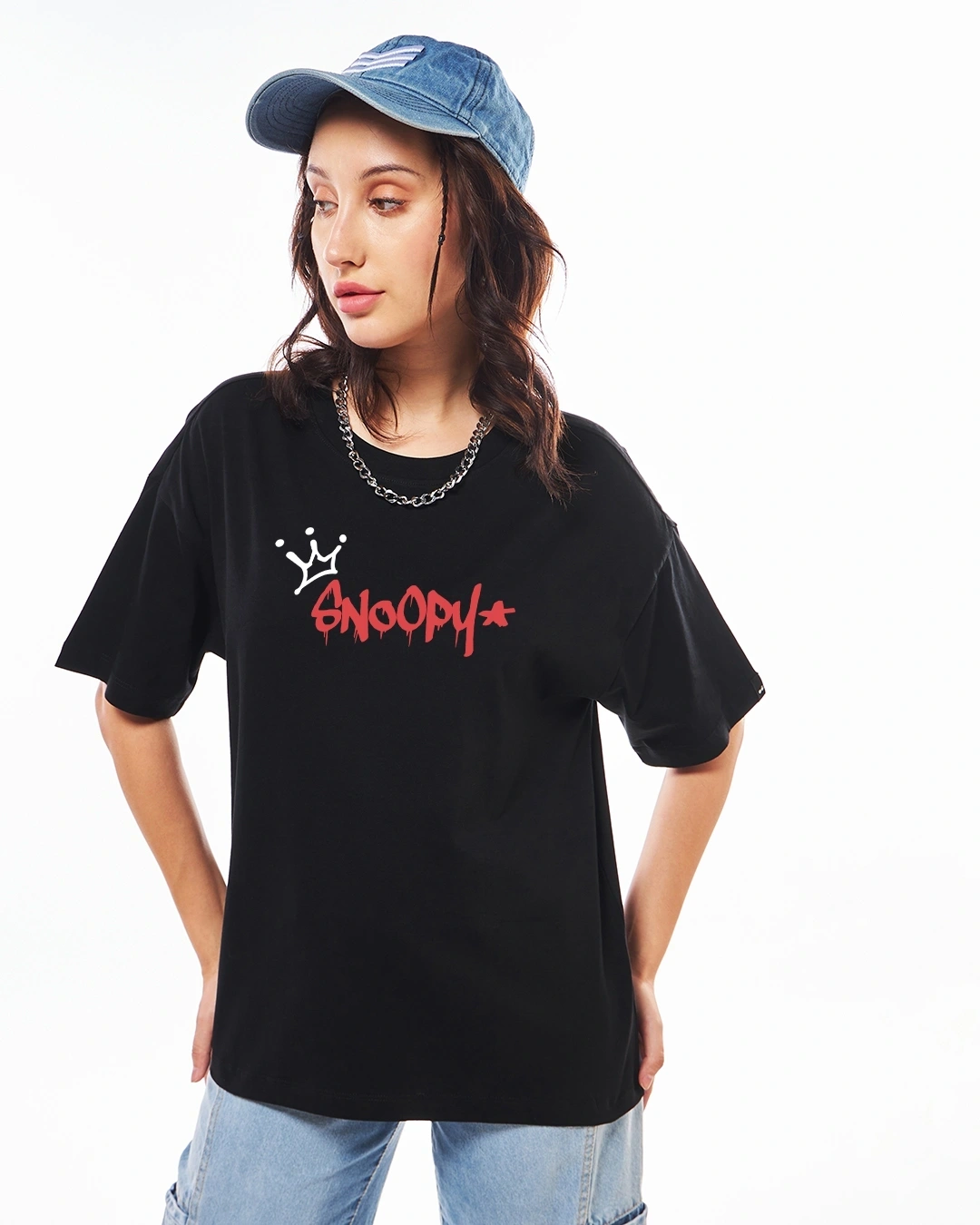 Women’s Jet Black Snoopy King Graphic Printed Oversized T-shirt