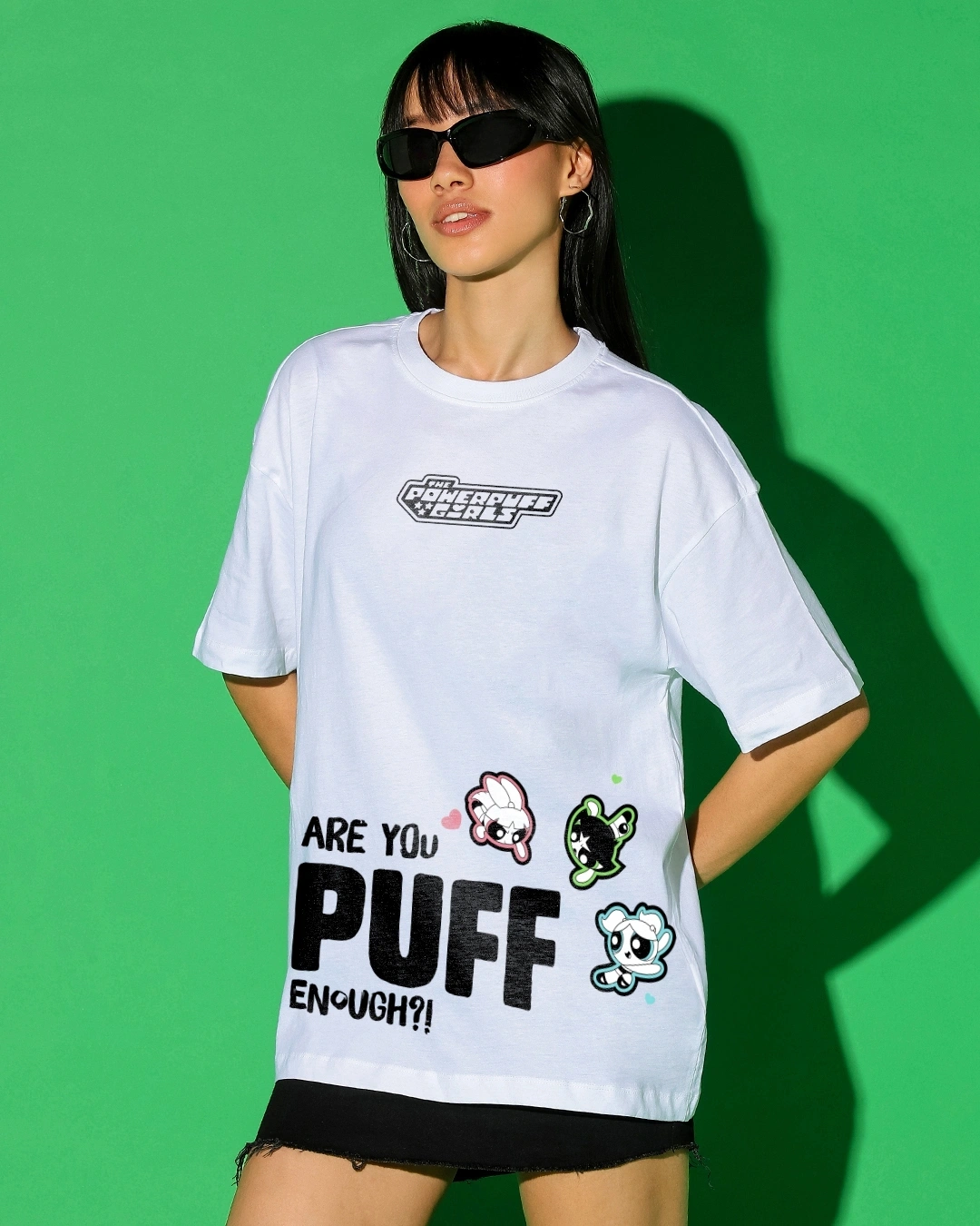 Women’s White Powerpufff Enough Graphic Printed Oversized T-shirt